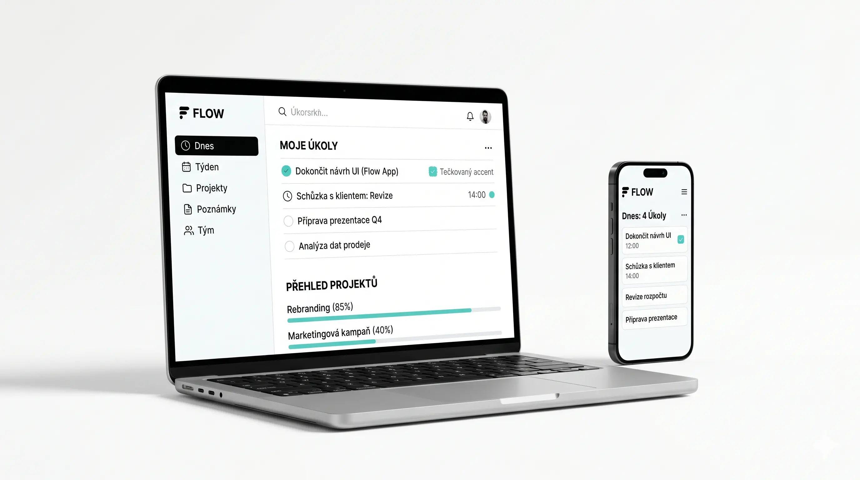 Minimalistické rozhraní aplikace todoa na mobilu a notebooku