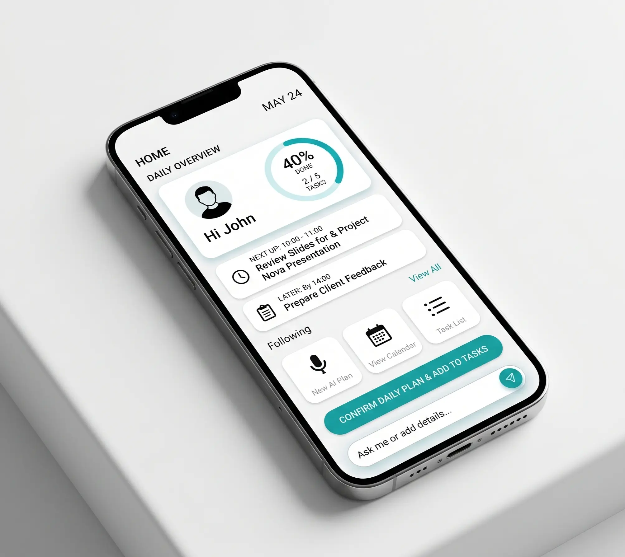 Domovská obrazovka todoa s přehledem dne a rychlými akcemi