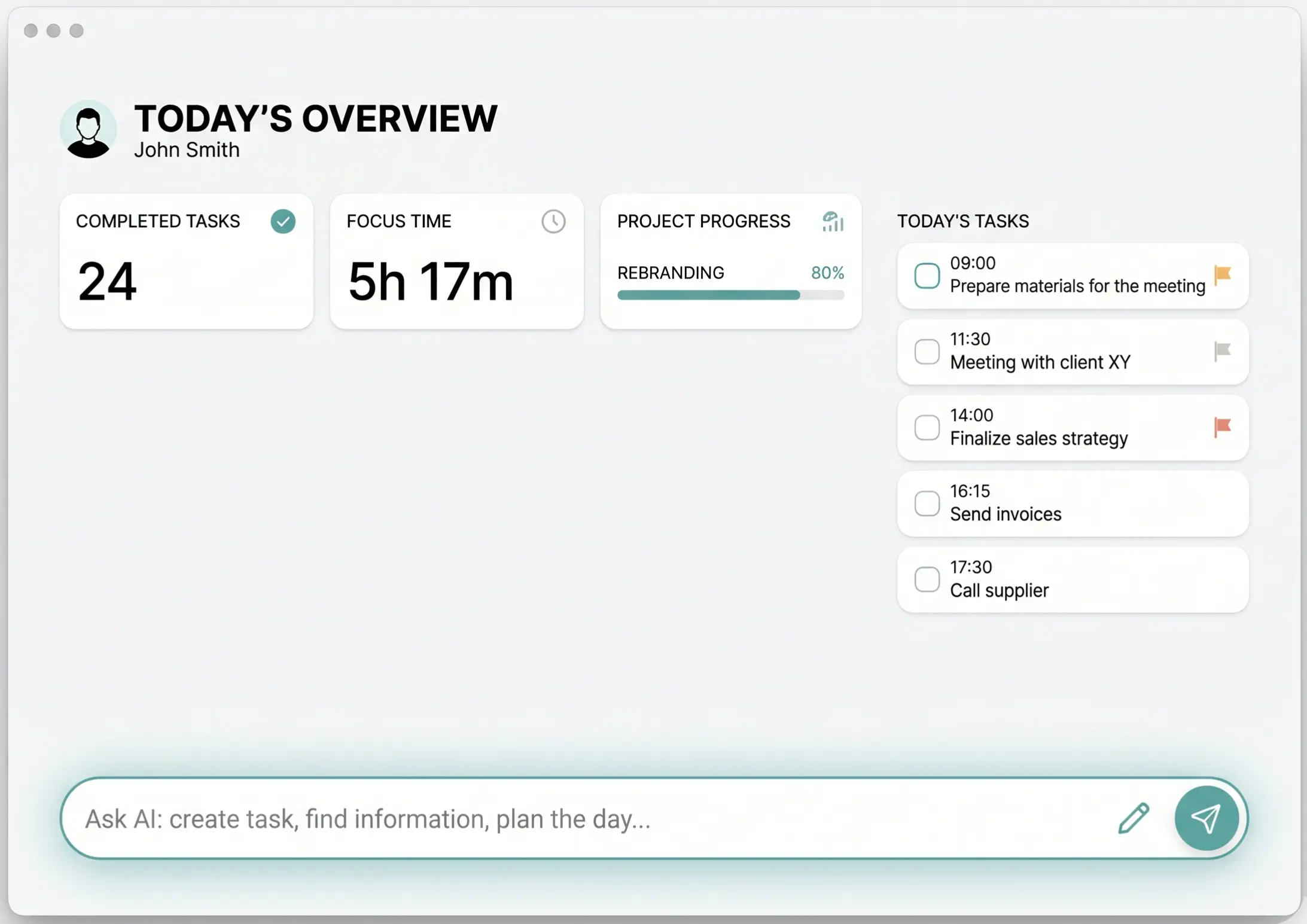 Hlavní obrazovka todoa s denním přehledem, dashboardy a AI panelem